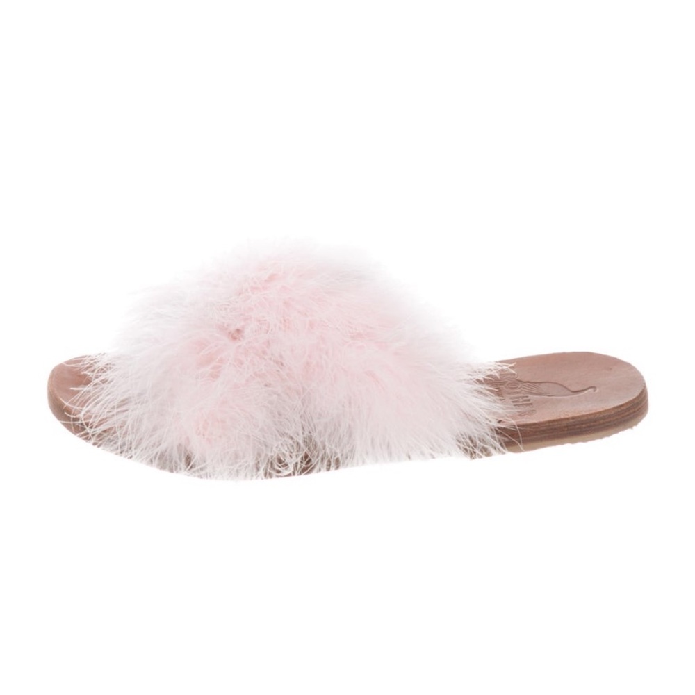 Brother vellies feather pink slides